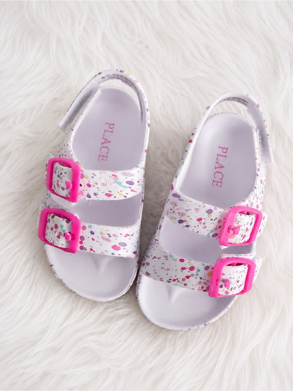 Brand New! Sz 6 Never Worn. White Foam Sandals with Pink Buckles and Confetti